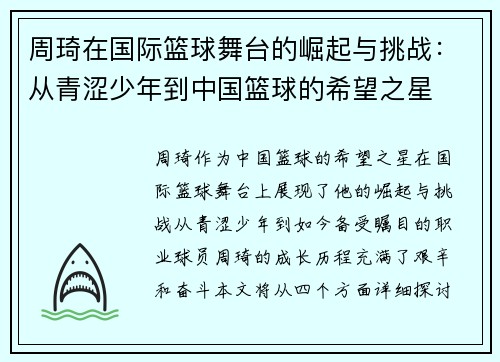 周琦在国际篮球舞台的崛起与挑战：从青涩少年到中国篮球的希望之星